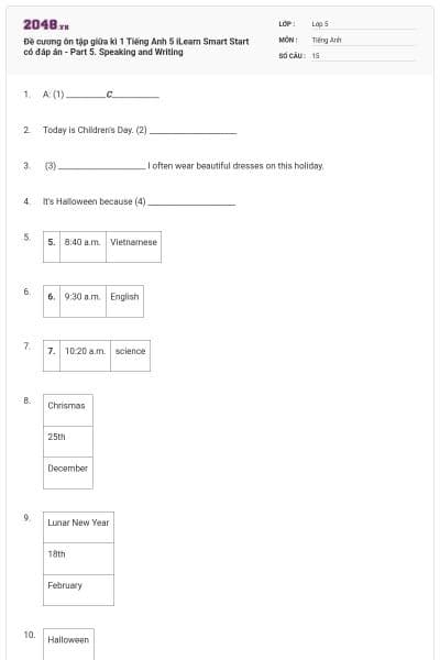 Đề cương ôn tập giữa kì 1 Tiếng Anh 5 iLearn Smart Start có đáp án - Part 5. Speaking and Writing