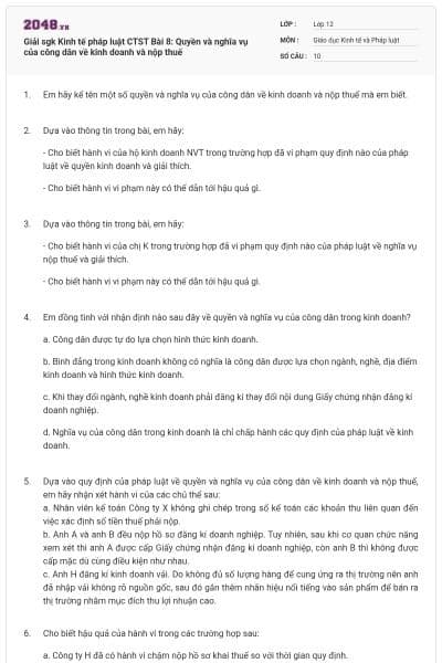 Giải sgk Kinh tế pháp luật CTST Bài 8: Quyền và nghĩa vụ của công dân về kinh doanh và nộp thuế