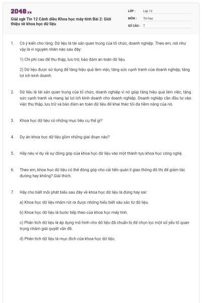 Giải sgk Tin 12 Cánh diều Khoa học máy tính Bài 2: Giới thiệu về khoa học dữ liệu