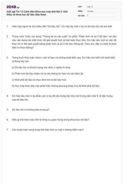 Giải sgk Tin 12 Cánh diều Khoa học máy tính Bài 3: Giới thiệu về khoa học dữ liệu (tiếp theo)