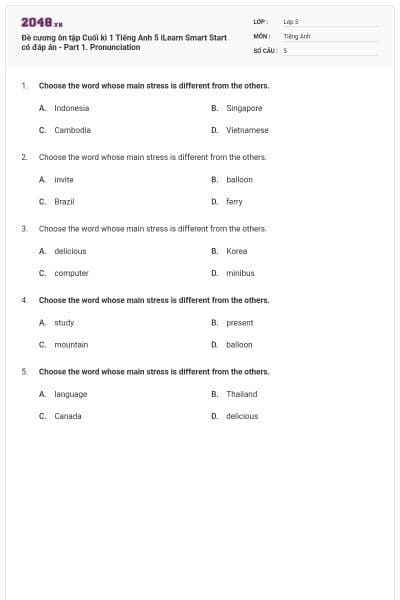 Đề cương ôn tập Cuối kì 1 Tiếng Anh 5 iLearn Smart Start có đáp án - Part 1. Pronunciation