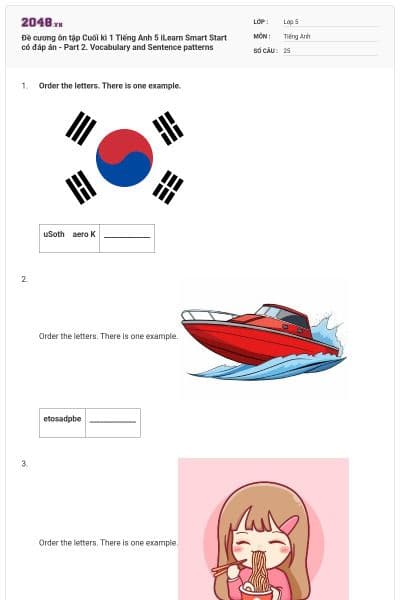 Đề cương ôn tập Cuối kì 1 Tiếng Anh 5 iLearn Smart Start có đáp án - Part 2. Vocabulary and Sentence patterns