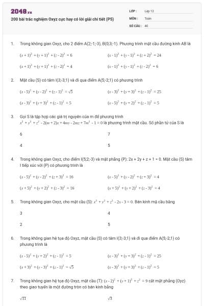 200 bài trắc nghiệm Oxyz cực hay có lời giải chi tiết (P5)