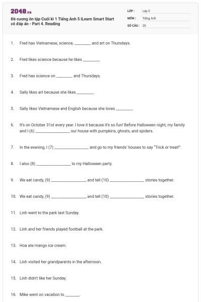 Đề cương ôn tập Cuối kì 1 Tiếng Anh 5 iLearn Smart Start có đáp án - Part 4. Reading