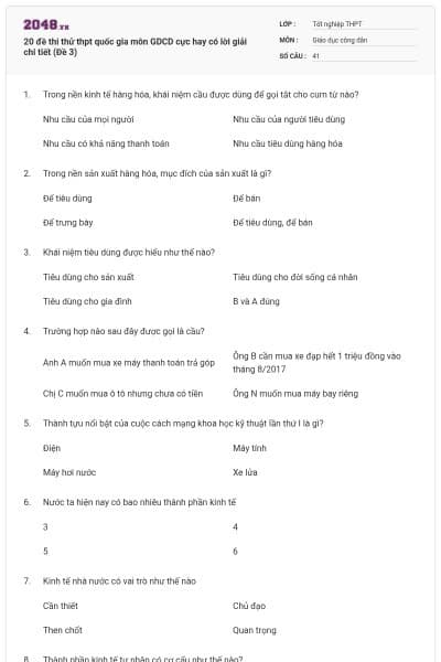 20 đề thi thử thpt quốc gia môn GDCD cực hay có lời giải chi tiết (Đề 3)