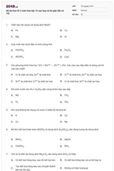 Đề thi Học Kì 2 môn hóa lớp 12 cực hay có lời giải (Đề số 10)