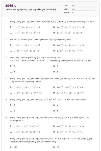 200 bài trắc nghiệm Oxyz cực hay có lời giải chi tiết (P5)