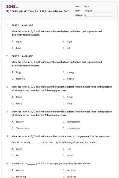 Bộ 5 đề thi giữa kì 1 Tiếng Anh 9 Right on có đáp án - Đề 1
