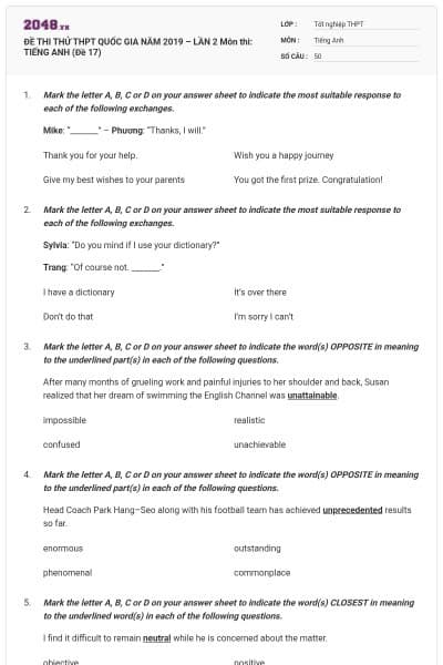 ĐỀ THI THỬ THPT QUỐC GIA NĂM 2019 – LẦN 2 Môn thi: TIẾNG ANH (Đề 17)