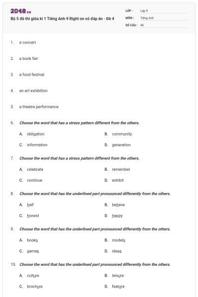 Bộ 5 đề thi giữa kì 1 Tiếng Anh 9 Right on có đáp án - Đề 4