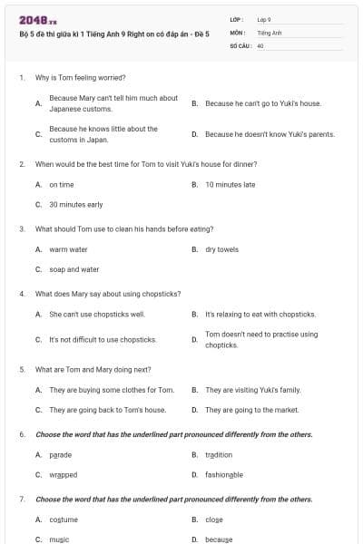 Bộ 5 đề thi giữa kì 1 Tiếng Anh 9 Right on có đáp án - Đề 5