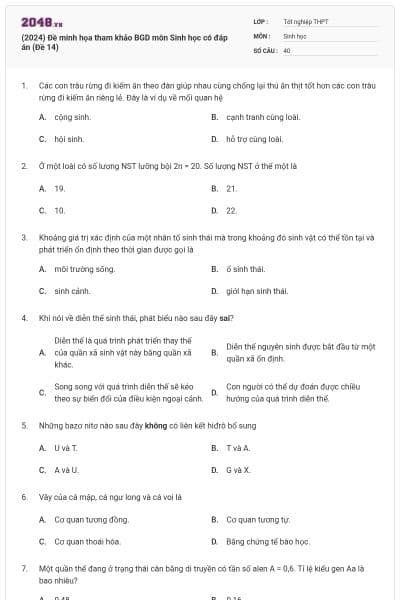 (2024) Đề minh họa tham khảo BGD môn Sinh học có đáp án (Đề 14)