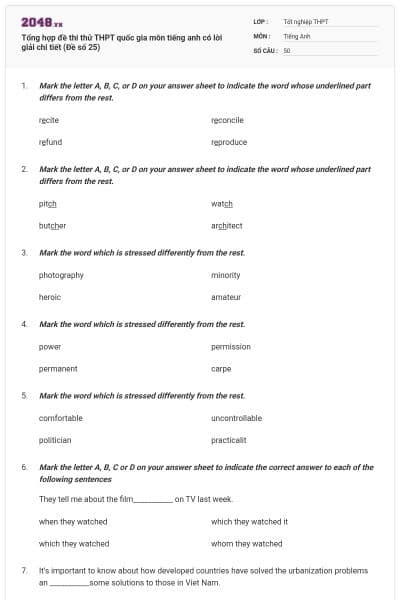 Tổng hợp đề thi thử THPT quốc gia môn tiếng anh có lời giải chi tiết (Đề số 25)