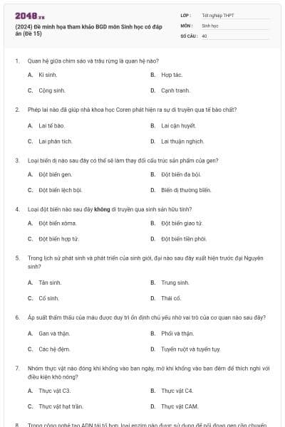 (2024) Đề minh họa tham khảo BGD môn Sinh học có đáp án (Đề 15)
