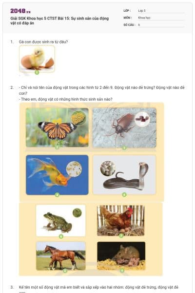 Giải SGK Khoa học 5 CTST Bài 15: Sự sinh sản của động vật có đáp án