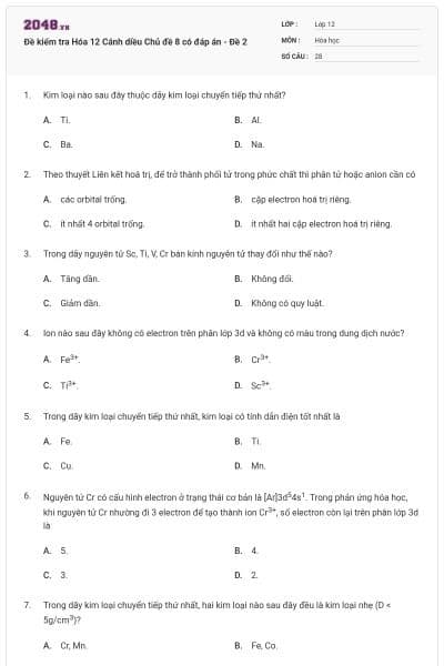 Đề kiểm tra Hóa 12 Cánh diều Chủ đề 8 có đáp án - Đề 2