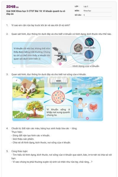 Giải SGK Khoa học 5 CTST Bài 18: Vi khuẩn quanh ta có đáp án