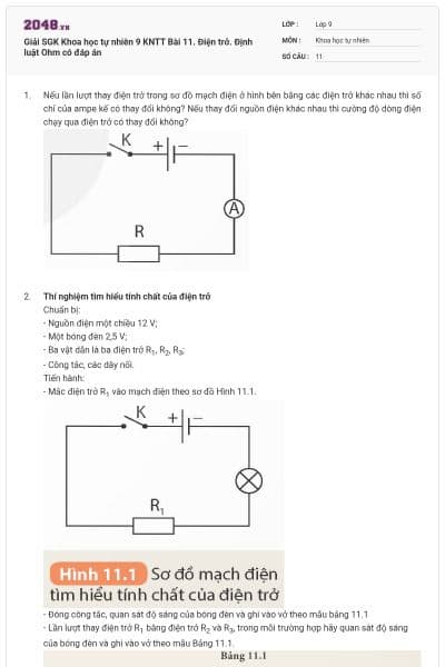 Giải SGK Khoa học tự nhiên 9 KNTT Bài 11. Điện trở. Định luật Ohm có đáp án