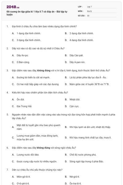 Đề cương ôn tập giữa kì 1 Địa lí 7 có đáp án - Bài tập tự luyện