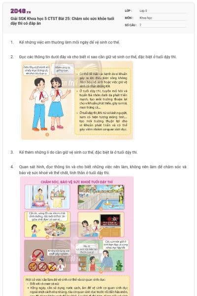 Giải SGK Khoa học 5 CTST Bài 25: Chăm sóc sức khỏe tuổi dậy thì có đáp án