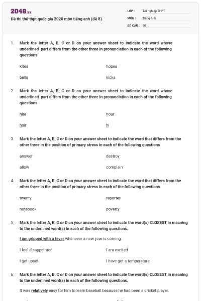 Đề thi thử thpt quốc gia 2020 môn tiếng anh (đề 8)