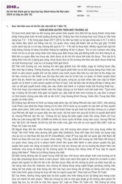 Đề thi thử đánh giá tư duy Đại học Bách khoa Hà Nội năm 2024 có đáp án (Đề 10)