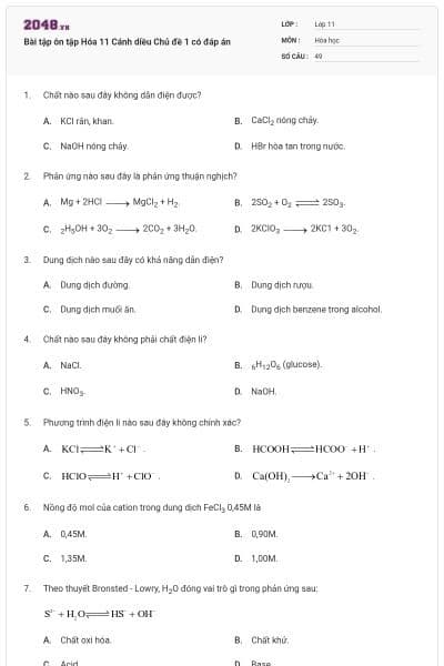 Bài tập ôn tập Hóa 11 Cánh diều Chủ đề 1 có đáp án