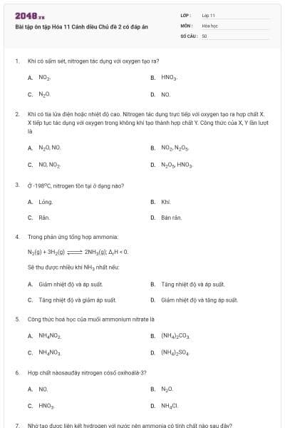 Bài tập ôn tập Hóa 11 Cánh diều Chủ đề 2 có đáp án