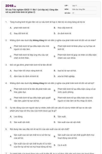 50 câu Trắc nghiệm GDCD 11 Bài 1 (có đáp án): Công dân với sự phát triển kinh tế (phần 2)