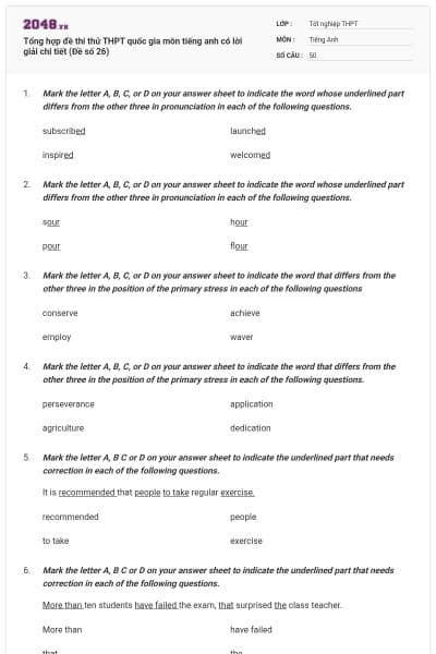 Tổng hợp đề thi thử THPT quốc gia môn tiếng anh có lời giải chi tiết (Đề số 26)