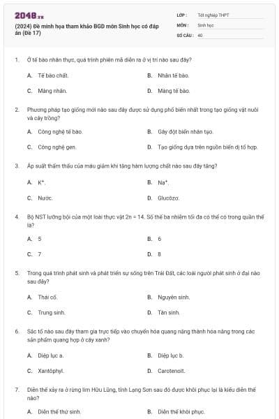 (2024) Đề minh họa tham khảo BGD môn Sinh học có đáp án (Đề 17)