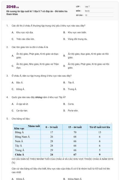 Đề cương ôn tập cuối kì 1 Địa lí 7 có đáp án - Đề kiểm tra tham khảo