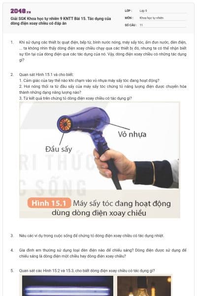 Giải SGK Khoa học tự nhiên 9 KNTT Bài 15. Tác dụng của dòng điện xoay chiều có đáp án