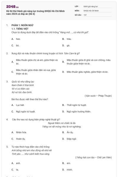 Đề thi thử Đánh giá năng lực trường ĐHQG Hồ Chí Minh năm 2024 có đáp án (Đề 6)