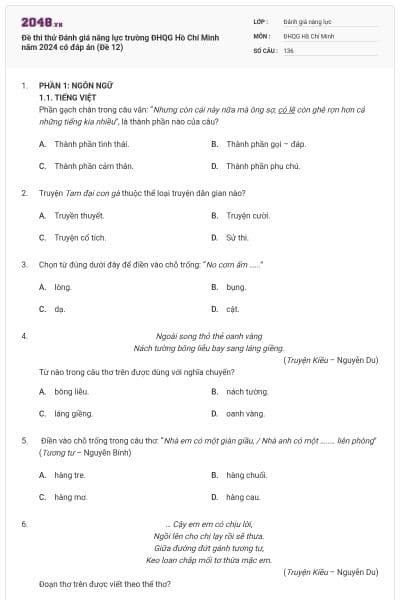 Đề thi thử Đánh giá năng lực trường ĐHQG Hồ Chí Minh năm 2024 có đáp án (Đề 12)