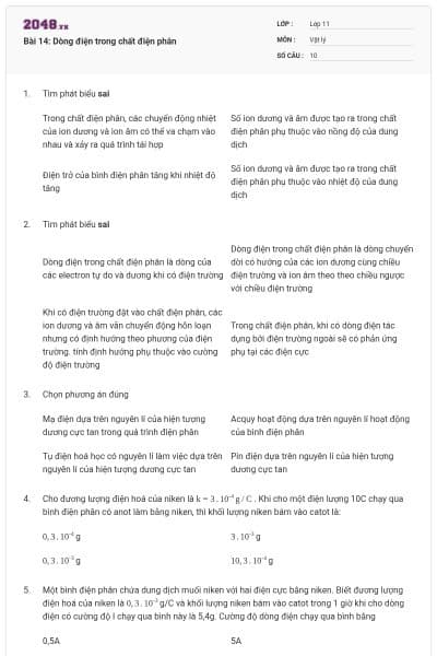 Bài 14: Dòng điện trong chất điện phân