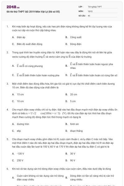 Đề thi thử THPT QG 2019 Môn Vật Lý (Đề số 05)