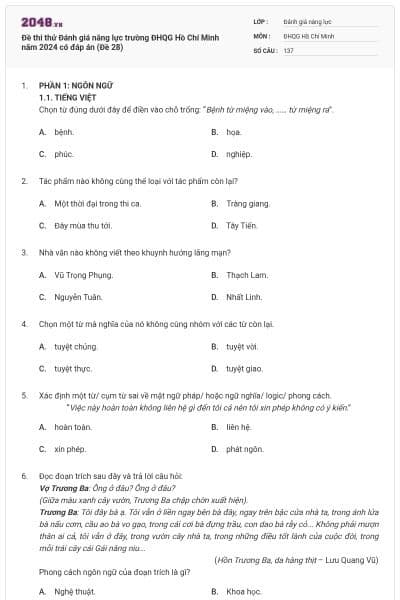 Đề thi thử Đánh giá năng lực trường ĐHQG Hồ Chí Minh năm 2024 có đáp án (Đề 28)