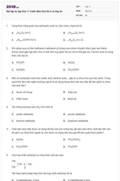 Bài tập ôn tập Hóa 11 Cánh diều Chủ đề 6 có đáp án