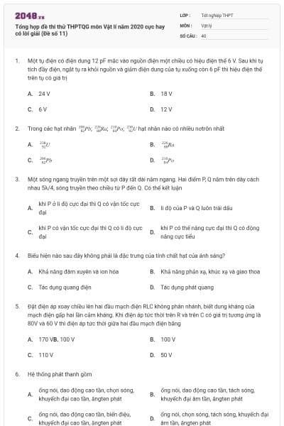 Tổng hợp đề thi thử THPTQG môn Vật lí năm 2020 cực hay có lời giải (Đề số 11)