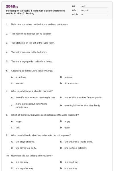 Đề cương ôn tập cuối kì 1 Tiếng Anh 6 iLearn Smart World có đáp án - Part 2. Reading