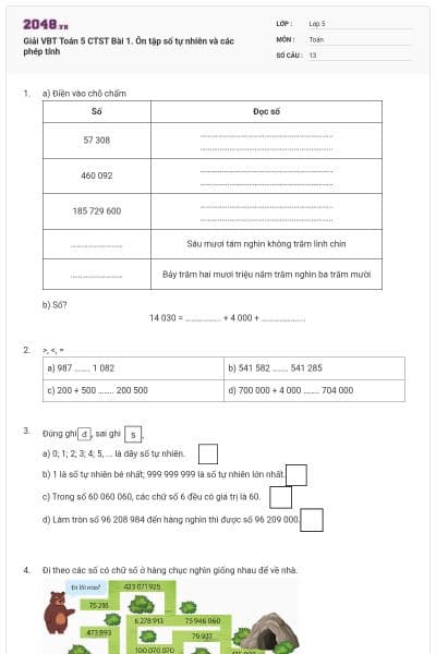 Giải VBT Toán 5 CTST Bài 1. Ôn tập số tự nhiên và các phép tính