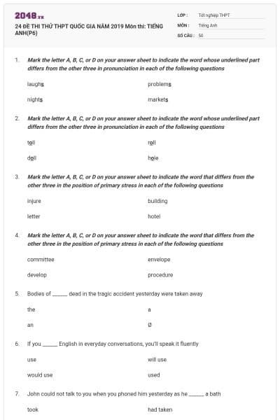 24 ĐỀ THI THỬ THPT QUỐC GIA NĂM 2019 Môn thi: TIẾNG ANH(P6)