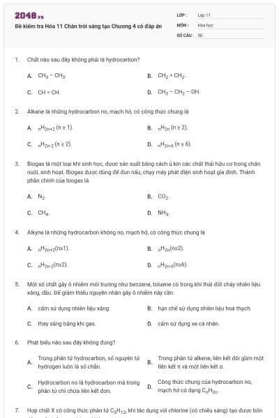 Đề kiểm tra Hóa 11 Chân trời sáng tạo Chương 4 có đáp án