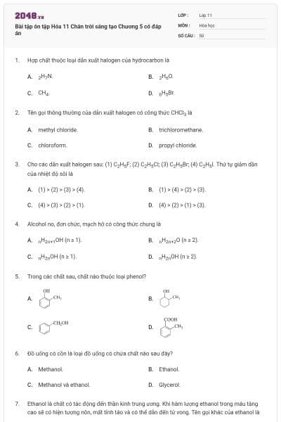 Bài tập ôn tập Hóa 11 Chân trời sáng tạo Chương 5 có đáp án