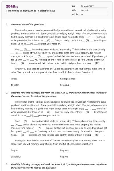 Tổng hợp đề thi Tiếng Anh có lời giải (Đề số 20)