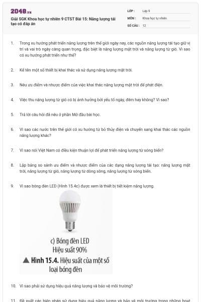 Giải SGK Khoa học tự nhiên 9 CTST Bài 15: Năng lượng tái tạo có đáp án