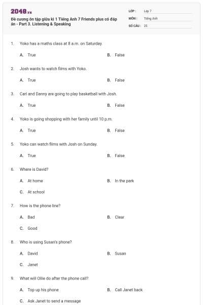 Đề cương ôn tập giữa kì 1 Tiếng Anh 7 Friends plus có đáp án - Part 3. Listening & Speaking