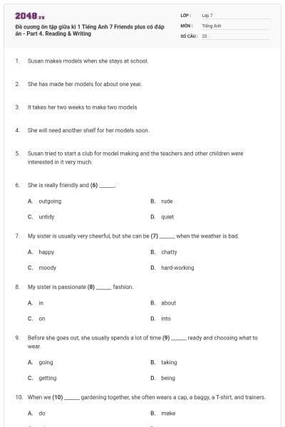 Đề cương ôn tập giữa kì 1 Tiếng Anh 7 Friends plus có đáp án - Part 4. Reading & Writing