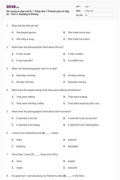 Đề cương ôn tập cuối kì 1 Tiếng Anh 7 Friends plus có đáp án - Part 4. Reading & Writing